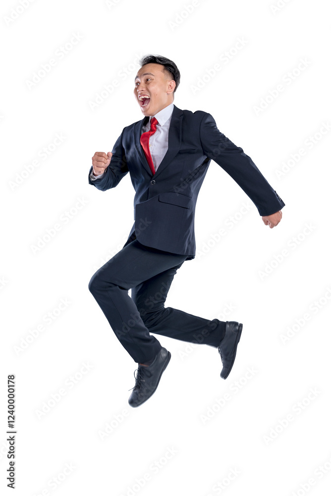 A portrait of an Asian businessman jumps with an excited expression isolated over a white background. Concept of business, entrepreneur, and successful A portrait of an Asian businessman jumps with an excited expression isolated over a white background. Concept of business, entrepreneur, and successful
