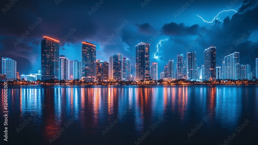 Fototapeta premium Miami's skyline captured during a thunderstorm with lightning lighting up the cityscape.