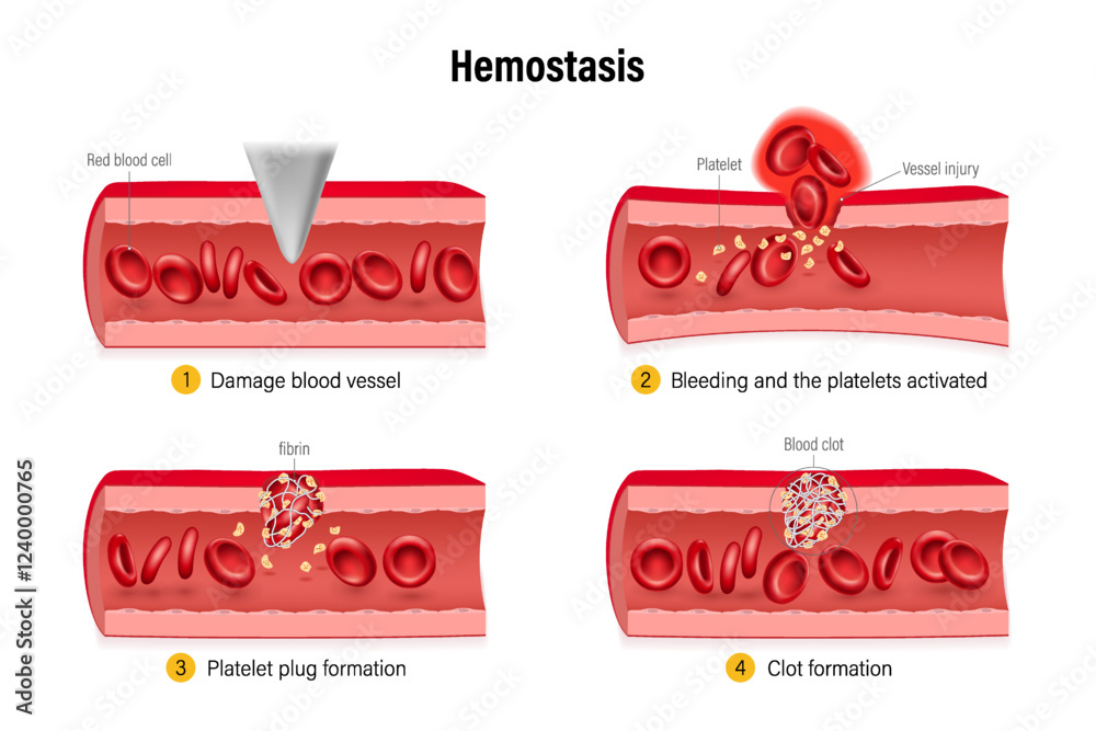 Hemostasis. Wound Healing Process Stages. Process to prevent and stop bleeding. Vasoconstriction, platelet plug and blood coagulation.