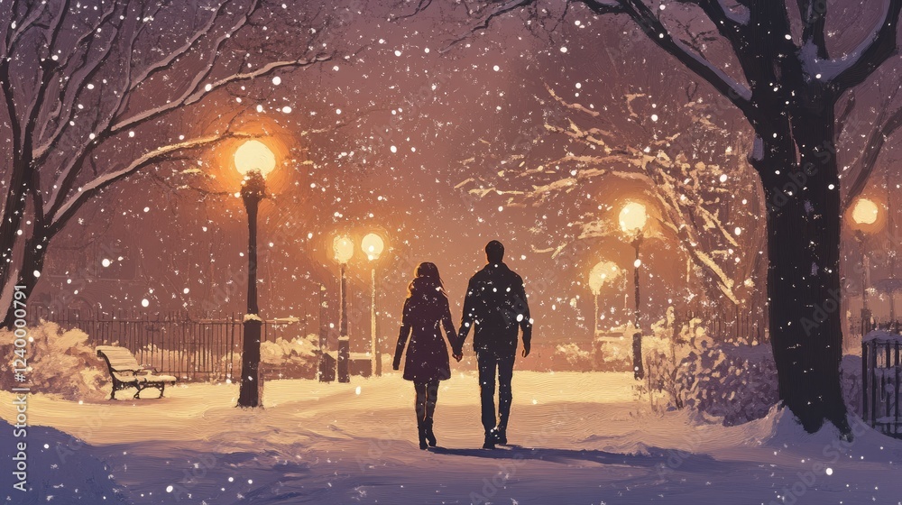 A romantic couple holding hands while walking through a snowy park, with soft snowflakes falling around them. A romantic couple holding hands while walking through a snowy park, with soft snowflakes falling around them.