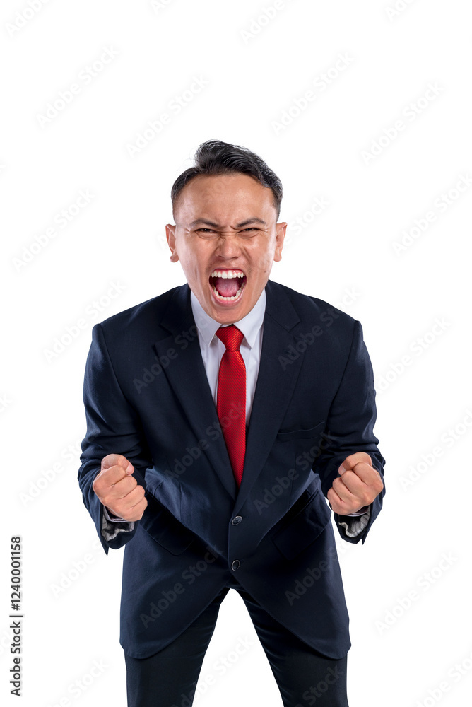 Portrait of an Asian businessman feeling angry and isolated over a white background. Concept of business or work problem