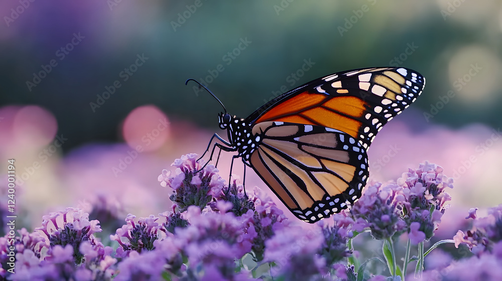Obraz premium A vibrant monarch butterfly rests delicately on blooming lavender flowers in a serene garden setting