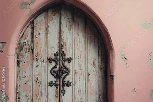 Old arched door with peeling paint and intricate iron hinges on a blush pink backdrop.