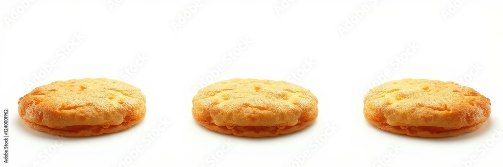 Three round golden cookies arranged in a row on a plain background inviting dessert lovers to indulge in a sweet treat Three round golden cookies arranged in a row on a plain background inviting dessert lovers to indulge in a sweet treat