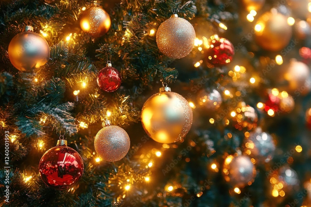 Beautiful Christmas Tree Decorated with Gold and Silver Ornaments and Warm Lights for Merry Christmas and New Year Celebration Beautiful Christmas Tree Decorated with Gold and Silver Ornaments and Warm Lights for Merry Christmas and New Year Celebration