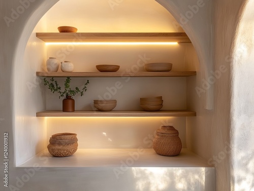 Wooden shelves display rustic bowls and pottery in arched alcove