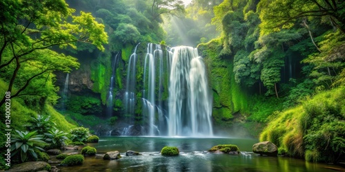 waterfall surrounded by dense foliage, green landscape , peaceful haven,  green landscape