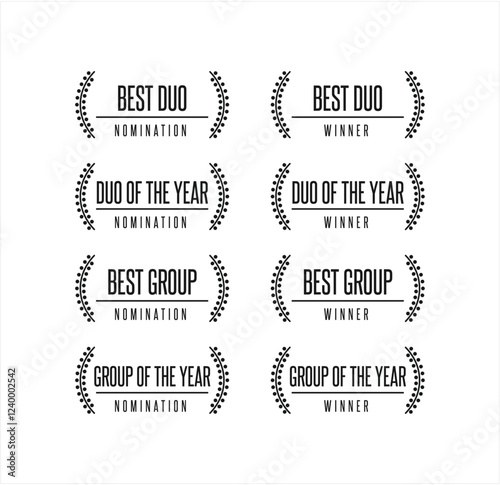 Music award for best group or duo winner. nomination icon collection. Laurel vector set with isolated editable logos
