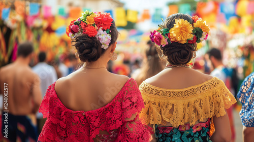 The festive atmosphere of Feria de Abril in Seville, women wearing bright flamenco dresses with flowers in their hair, Ai generated images
