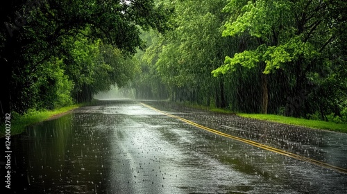 Wallpaper Mural A rural road covered in rain puddles, with green trees glistening under soft rainfall. Torontodigital.ca