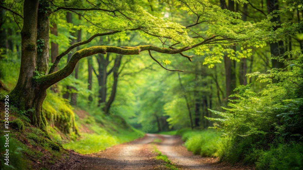 Obraz premium A winding forest trail with a single leafy tree branch overhanging the path , leafy branches