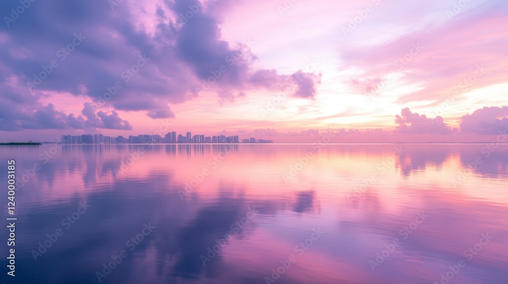 Miami skyline reflected in calm water during sunrise, with soft pink and purple skies Miami skyline reflected in calm water during sunrise, with soft pink and purple skies