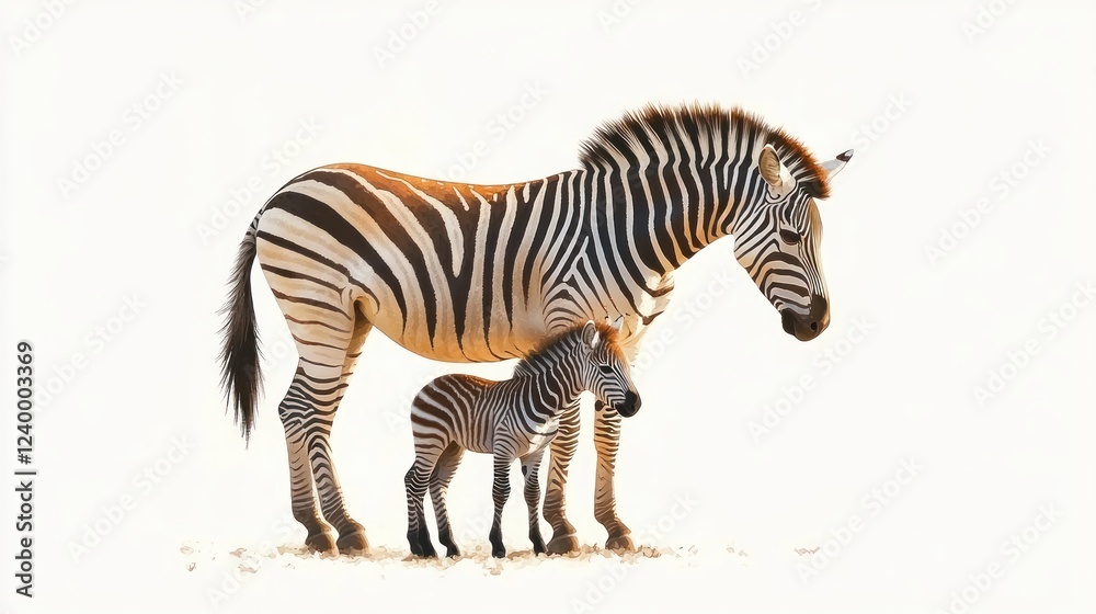 Fototapeta premium Zebra and Foal Bonding in Soft Watercolor Style with Pastel Colors and Gentle Glow