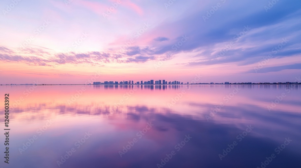 Miami skyline reflected in calm water during sunrise, with soft pink and purple skies Miami skyline reflected in calm water during sunrise, with soft pink and purple skies