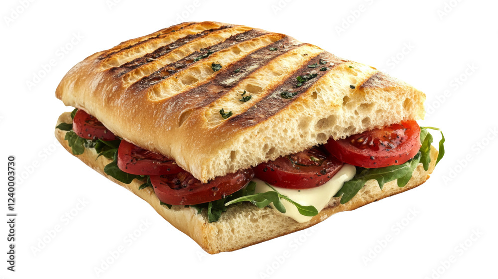 Delicious grilled panini with tomatoes, mozzarella, and arugula on transparent background Delicious grilled panini with tomatoes, mozzarella, and arugula on transparent background