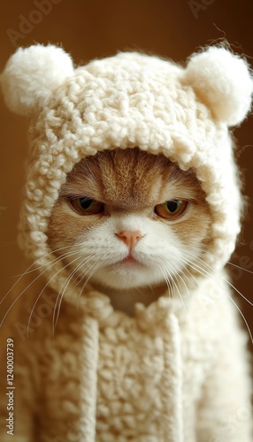 Grumpy cat in a cozy knitted sweater.  A cute and funny pet portrait.