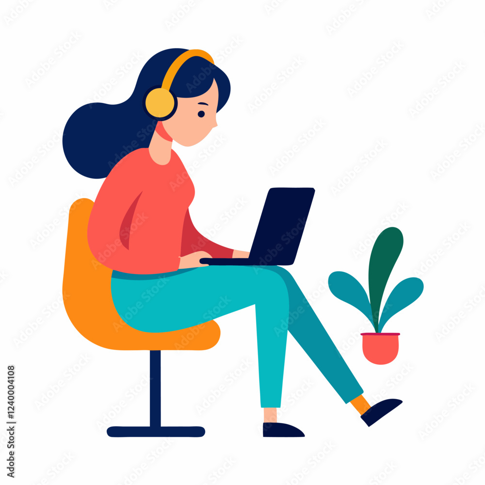 Girl in headphones sits on a chair and works on a laptop while listening to music. vector on white background. Girl in headphones sits on a chair and works on a laptop while listening to music. vector on white background.
