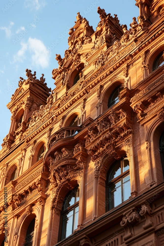 Ornate Sandstone Building Facade Bathed in Golden Sunlight Ornate Sandstone Building Facade Bathed in Golden Sunlight