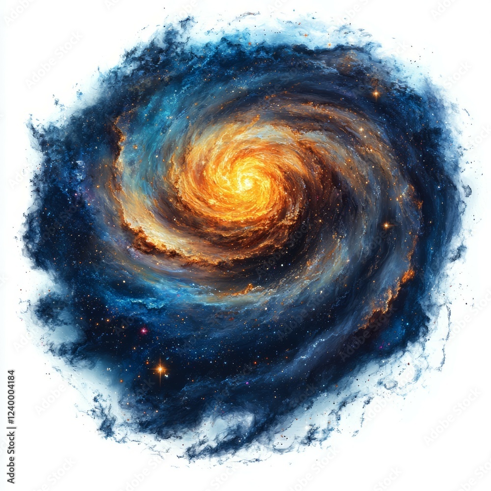 Fototapeta premium Spiral Galaxy Illustration: A Stunning Cosmic Swirl of Golden and Deep Blue Hues, Depicting a Luminous and Mystical Galaxy