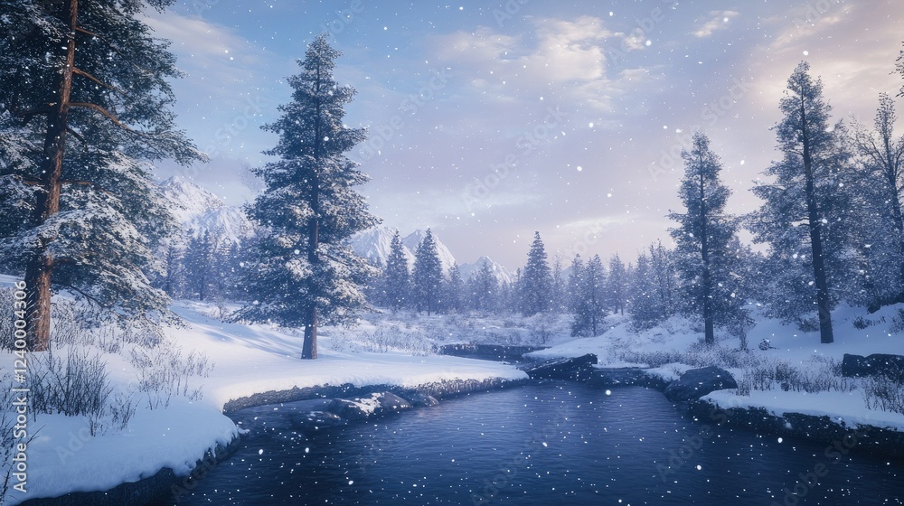 Fototapeta premium A serene winter landscape with snow-covered pine trees and soft snowfall in the background, capturing a peaceful snowy atmosphere.