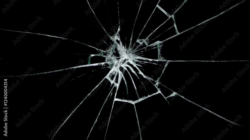 Cracked glass fracture effect on black background, Animation bullet through glass on background.
Abstract broken transparent glass texture. Cracked and Shattered black glass with slow motion. Alpha