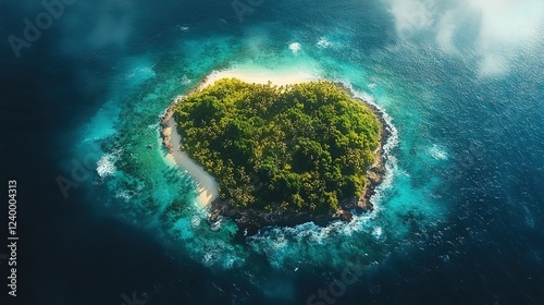 Tropical heart-shaped island with ocean waves, aerial view