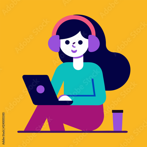 Girl in headphones sits on a chair and works on a laptop while listening to music. vector on background.