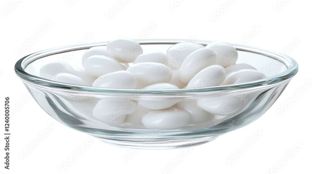 Glass bowl overflowing with glossy white jordan almonds on transparent background Glass bowl overflowing with glossy white jordan almonds on transparent background