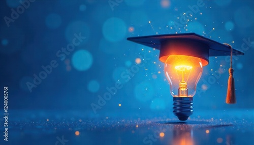 Celebrating graduation with a lit light bulb cap bright blue background digital art creative concept