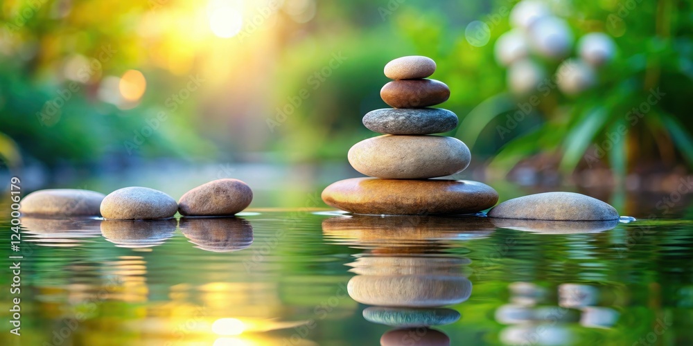 Serene Zen moment surrounded by balanced rocks on a bed of pebbles covered with water, reflecting the beauty of nature's harmony , water, peaceful environment
