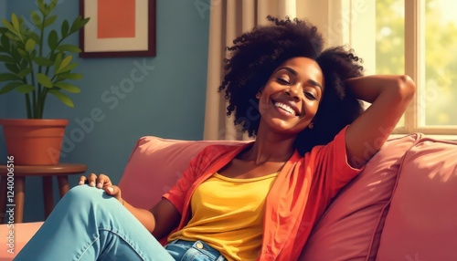 Joyful woman relaxing on couch in bright living room lifestyle photography cheerful environment inviting atmosphere