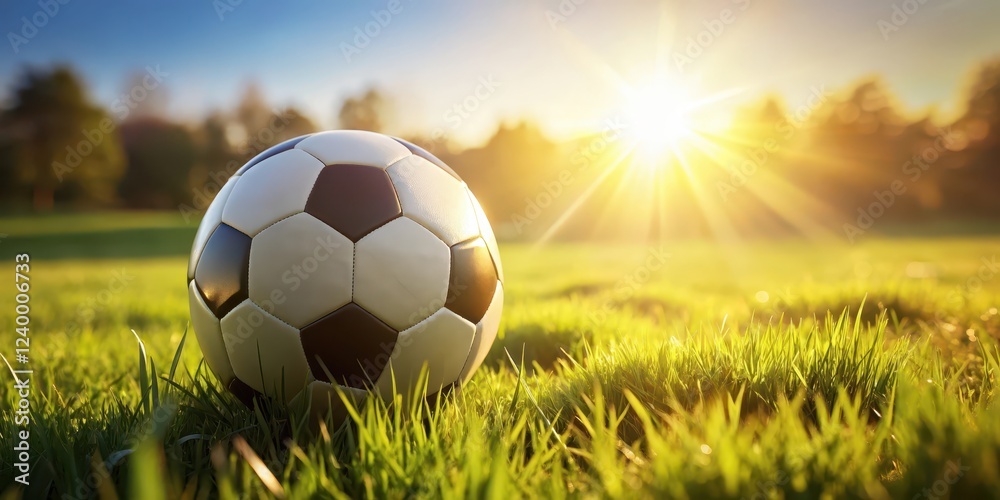 Fototapeta premium A detailed close-up shot of a soccer ball on a lush green grassy field with sunlight casting a gentle glow, highlighting the ball's texture and details , sports equipment, sunny day