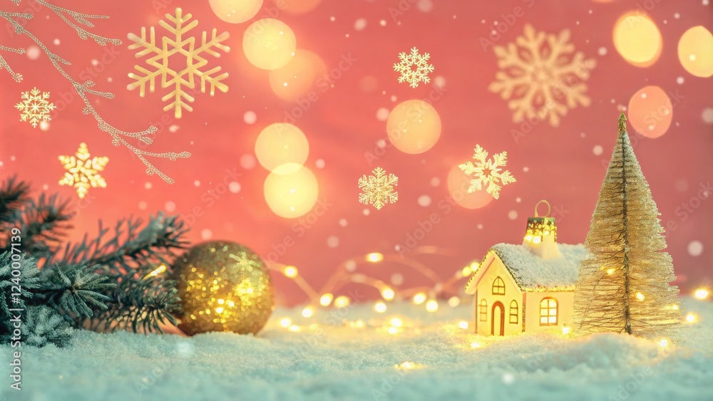 Fototapeta premium Cozy Christmas Village Scene Illuminated House, Snowy Decor, Bokeh Lights, Gold Accents, Christmas Tree. ,winter wonderland, festive season