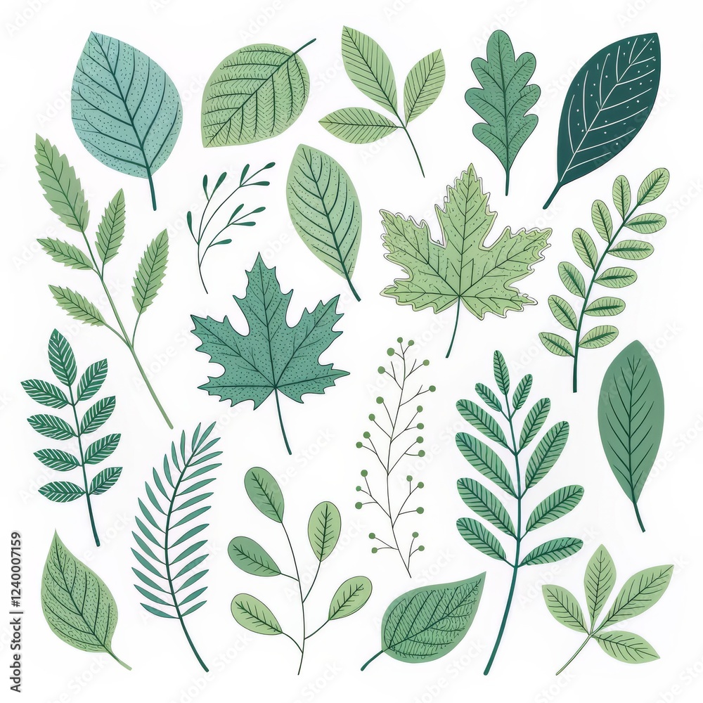 Green Leaf Collection Illustrated Botanical Composition, Flat Lay, Nature, White Background, . Botanical Illustration, Greenery Green Leaf Collection Illustrated Botanical Composition, Flat Lay, Nature, White Background, . Botanical Illustration, Greenery