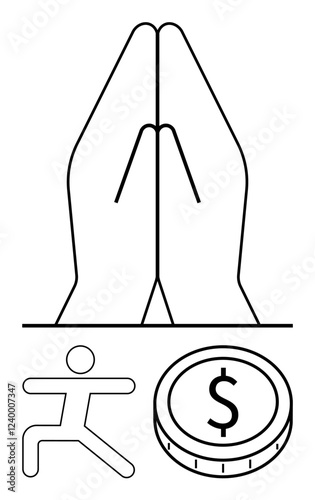 Praying hands above running figure and coin symbolizing balance between faith, financial goals, and action. Ideal for wellness, mindfulness, spirituality, fitness, finance, aspirations abstract line