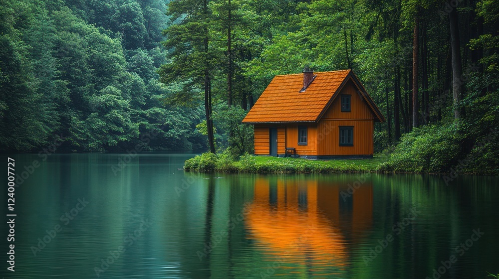 Fototapeta premium Lakeside cabin, forest reflection, tranquil escape