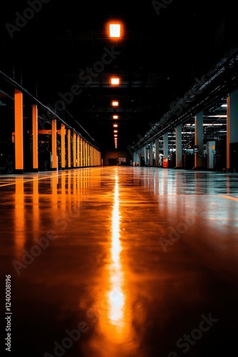 Illuminated Warehouse Corridor Reflecting Light On Wet Floor photo