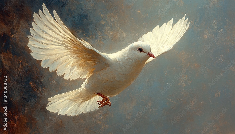 Obraz premium White dove soaring with outstretched wings against a misty backdrop