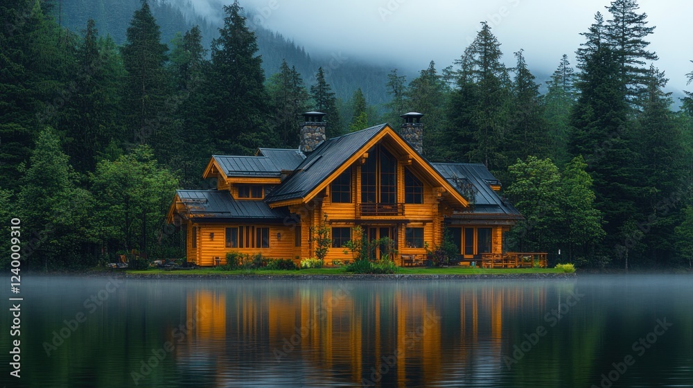 Fototapeta premium Lakeside log cabin, misty mountains, tranquil