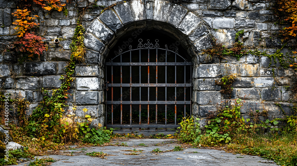 Fototapeta premium Abandoned Stone Archway with Iron Gate and Overgrown Vegetation