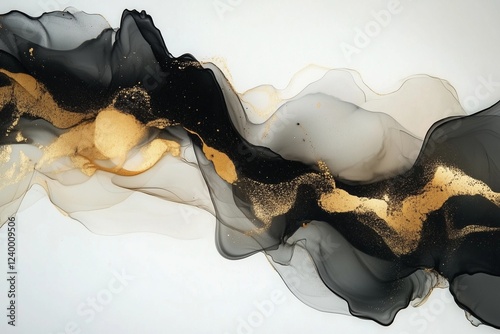 Shimmering gold and black ink blending softly, forming abstract smoky shapes.