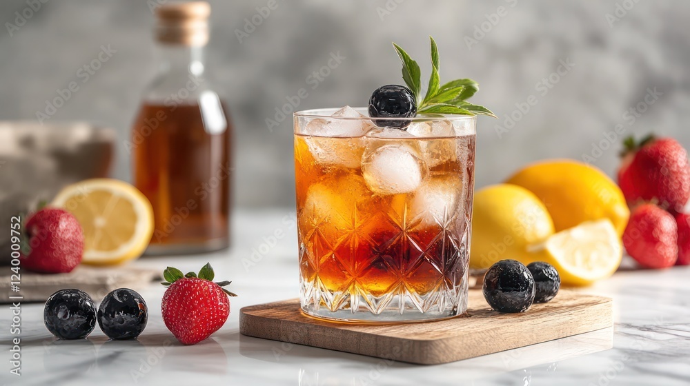 A glass of mixed drink with ice and a bottle of liquor next to it. The drink is garnished with mint leaves. There are also strawberries, lemons, and blackberries on the table. A glass of mixed drink with ice and a bottle of liquor next to it. The drink is garnished with mint leaves. There are also strawberries, lemons, and blackberries on the table.