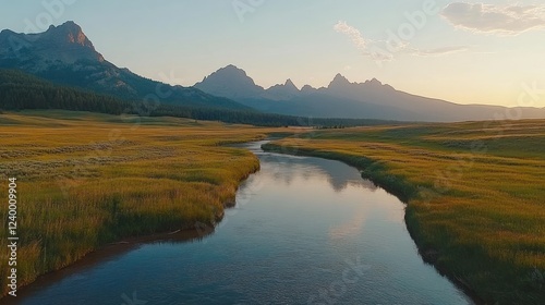 Calm river meanders through a serene valley at sunset, majestic mountains in the background.