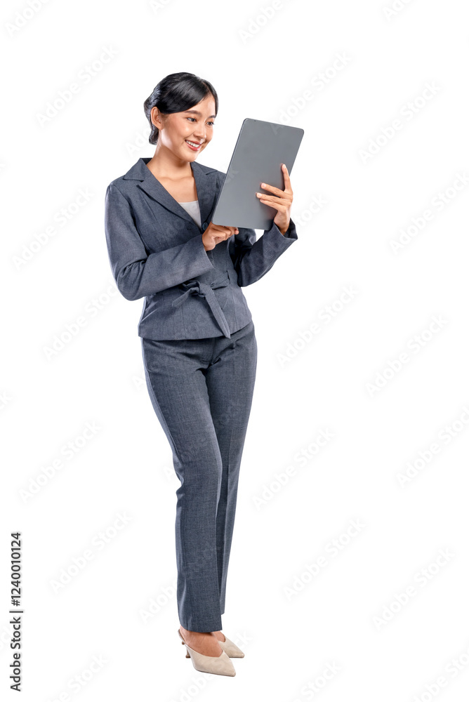Portrait of an Asian businesswoman using a digital tablet in her hand isolated over a white background. Concept of business and technology Portrait of an Asian businesswoman using a digital tablet in her hand isolated over a white background. Concept of business and technology