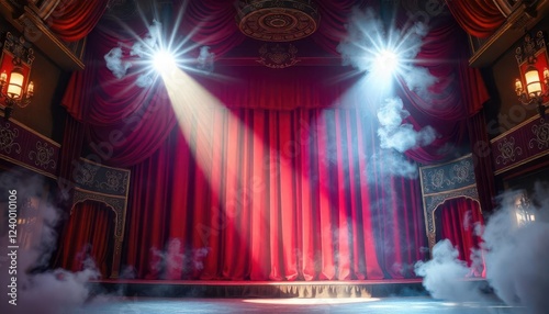 Theatrical performance stage grand theatre event setting dramatic atmosphere low angle stagecraft and illumination