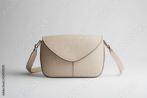 Sleek crossbody bag in light beige with subtle stitching details, arranged against white. photo