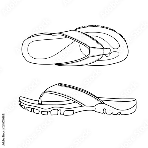 Technical sketch of sport flip flops sandals open toe for men's vector illustration. Outline vector doodle illustration, top, and side view.