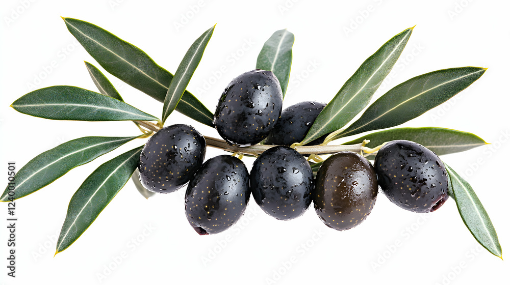 Fresh Black Olives with Green Leaves on White Background Fresh Black Olives with Green Leaves on White Background