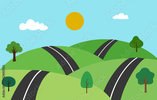 Green meadow and road across mountains in flat design. Long way ahead. Countryside road in summer.