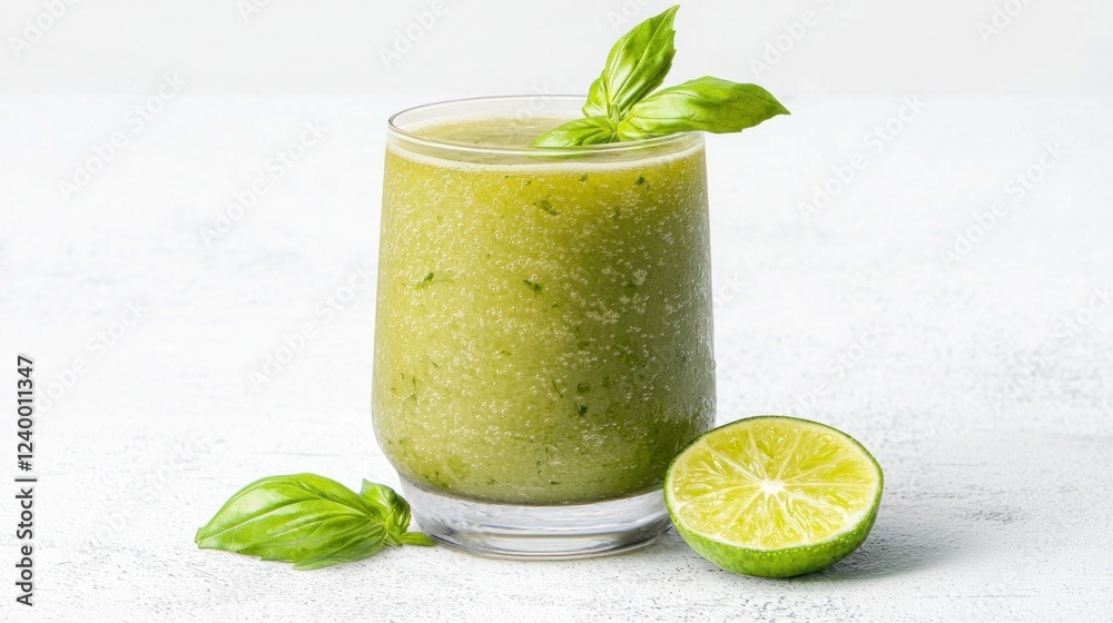 Fototapeta premium Refreshing Green Basil Lime Smoothie in Glass